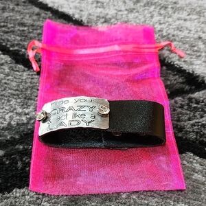 HAND STAMPED METAL PLATE RHINESTONES BLACK LEATHER BRACELET